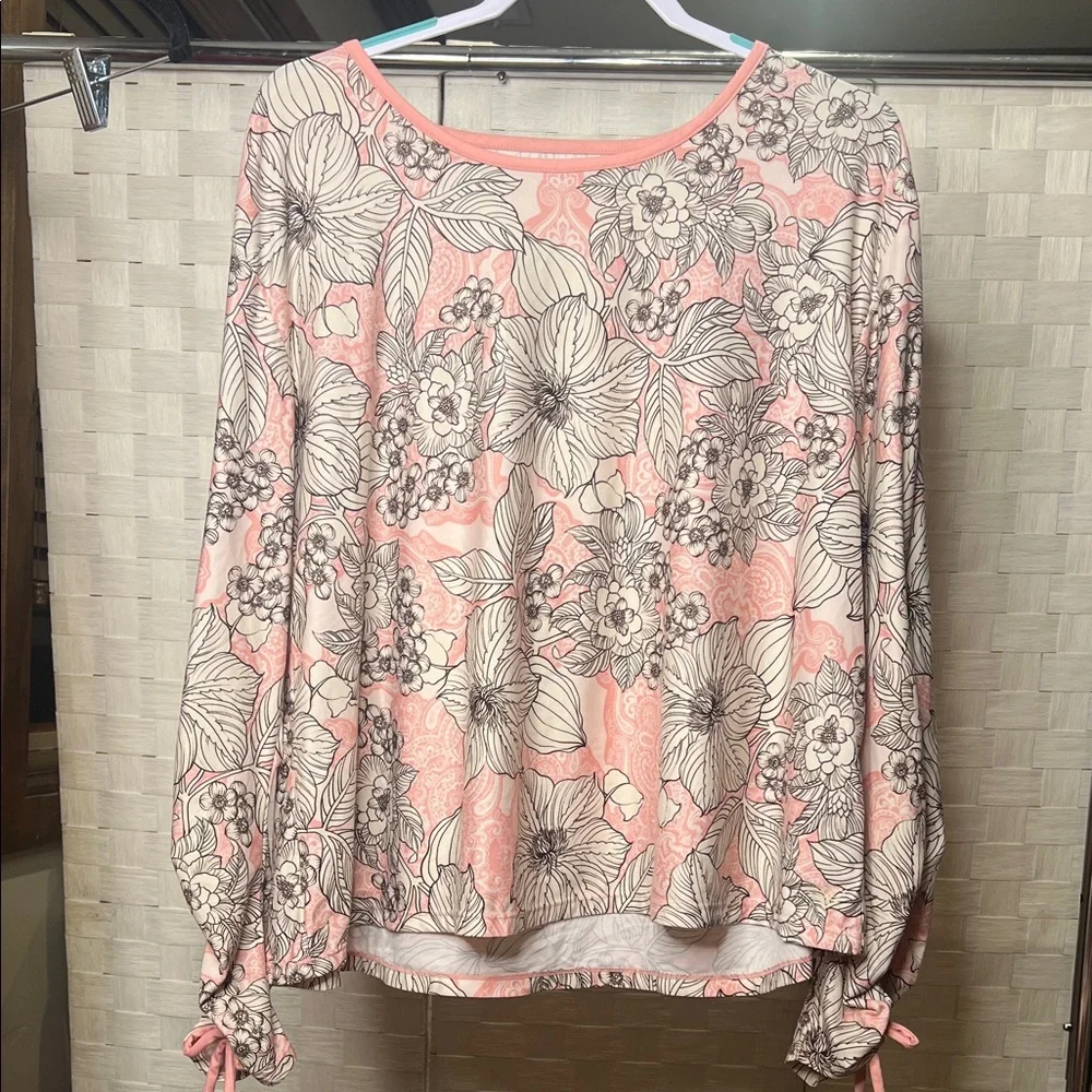 Johnny Was Active Pink/Black Floral Long-Sleeve Tee Boho Casual Blosue - Picture 1 of 8